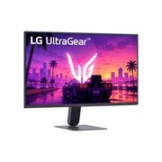 Vista frontal e lateral de um monitor de jogos ilustrando suas dimensões gerais e design de perfil.