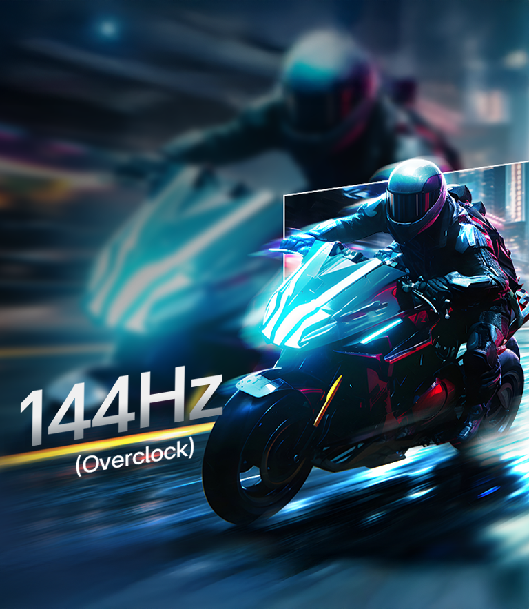 Cena de jogo de corrida com resposta extremamente rápida e taxa de atualização de 120Hz.