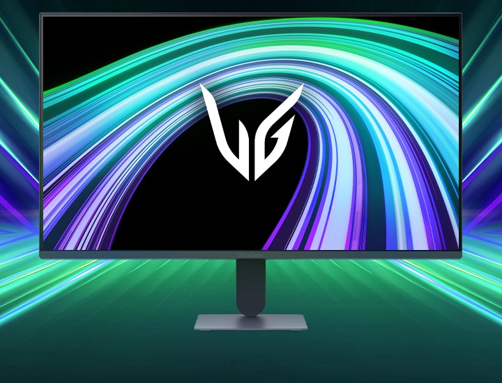 Imagem frontal do monitor gamer UltraGear™ 27g411b em fundo futurista iluminada por neon.