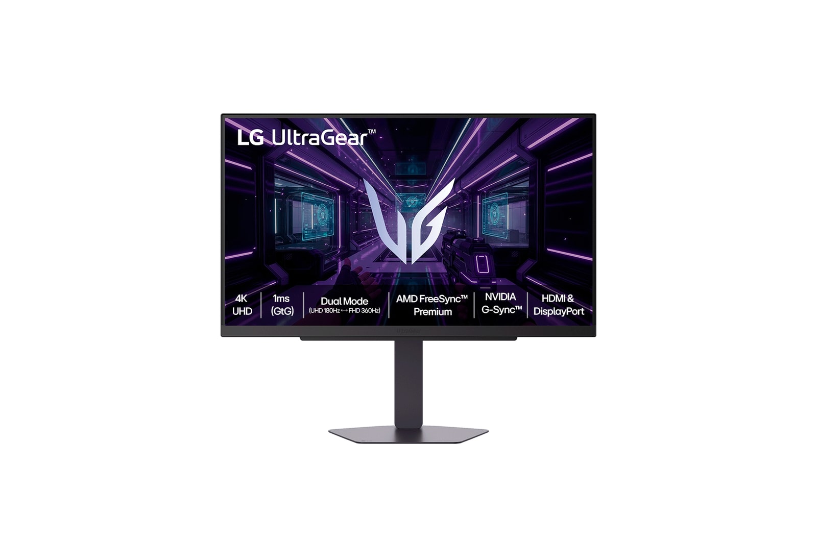 Vista frontal de Monitor LG UltraGear™ 27G810A-B, Tela IPS 4K FHD 27", 1ms (GtG), Dual-Mode (180Hz ↔ 360Hz), NVIDIA G-SYNC, AMD FreeSync, DisplayHDR™ 400, DCI-P3 95% 27G810A-B