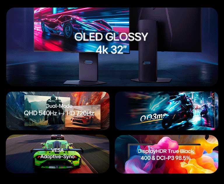 Visão geral das funcionalidades de um monitor gamer destacando: 32" OLED 4K, OLED com MLA+, VESA DisplayHDR True Black 400, Modo Duplo, 0,003ms GtG, Painel Antirreflexo.