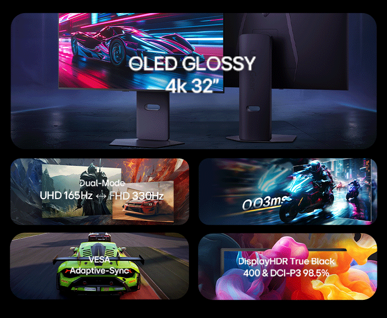 Visão geral das funcionalidades de um monitor gamer destacando: 32" OLED 4K, OLED com MLA+, VESA DisplayHDR True Black 400, Modo Duplo, 0,003ms GtG, Painel Antirreflexo.
