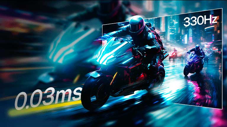 Um monitor mostrando uma corrida de motocicletas de alta velocidade em ruas de uma cidade iluminada por néon, destacando movimento suave a uma taxa de atualização de 165Hz.