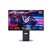 Vista frontal de Monitor LG OLED UltraGear™ Glossy Dual Mode 4K 32GX850A-B 32", 330Hz FHD, 165Hz UHD, 0.03ms (GtG), Vesa Adaptive-Sync, NVIDIA G-SYNC, AMD FreeSync Premium Pro, DisplayHDR True Black 400 & DCI-P3 98.5%, Ajustes Pro Gamer 32GX850A-B