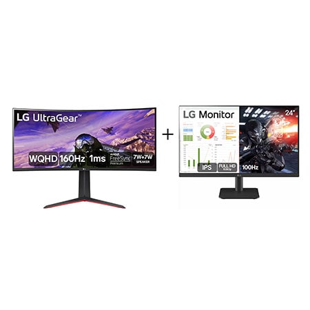 Monitor Gamer LG UltraGear Curvo 34” WQHD UltraWide 160Hz + Monitor LG 24” IPS, Full HD, 100Hz, HDMI, Ajuste de Inclinação  - 34GP63A.24MS500