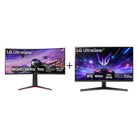 LG Monitor Gamer UltraGear Curvo 34” UltraWide 3440x1440 160Hz + Monitor Gamer UltraGear 27” IPS, 180Hz - .27GS60F - 34GP63A