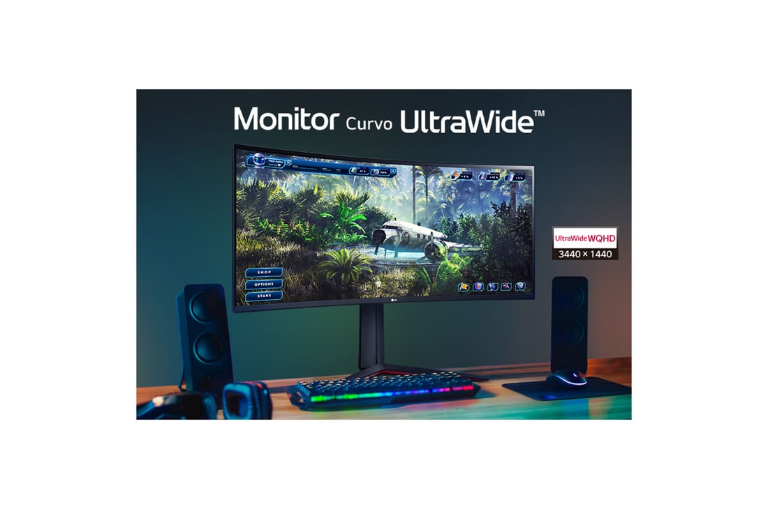 LG Monitor Gamer LG UltraGear Curvo 34” WQHD UltraWide 3440x1440 160Hz 1ms (MBR) HDR10 AMD FreeSync HDMI 34GP63A-B, 34GP63A-B