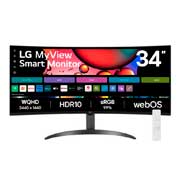 Vista frontal de Monitor LG MyView Smart 34SR60QC-B Tela curva 34" QuadHD 2K 21:9, WebOS, Air Play, Screen Share, Bluetooth, ThinQ Home 34SR60QC-B