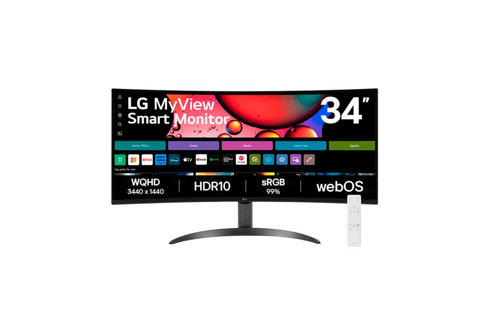 Vista frontal de Monitor LG MyView Smart 34SR60QC-B Tela curva 34" QuadHD 2K 21:9, WebOS, Air Play, Screen Share, Bluetooth, ThinQ Home 34SR60QC-B