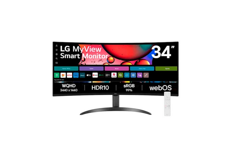 Vista frontal de Monitor LG MyView Smart 34SR60QC-B Tela curva 34" QuadHD 2K 21:9, WebOS, Air Play, Screen Share, Bluetooth, ThinQ Home 34SR60QC-B