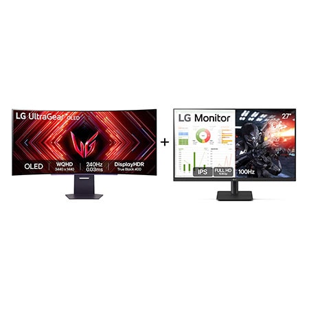 LG Monitor Gamer UltraGear OLED Curvo - Tela OLED 45” + Monitor PC Gamer 27” IPS, Full HD, 100Hz, HDMI - .27MS500 - 45GS95QE