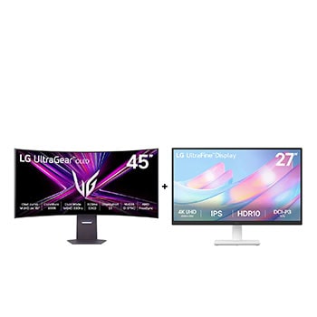 Vista frontal de Monitor LG OLED UltraGear™ 45GX950A 45" + Monitor LG UltraFine™ Tela IPS 4K UHD 27" 45GX950A.27US500