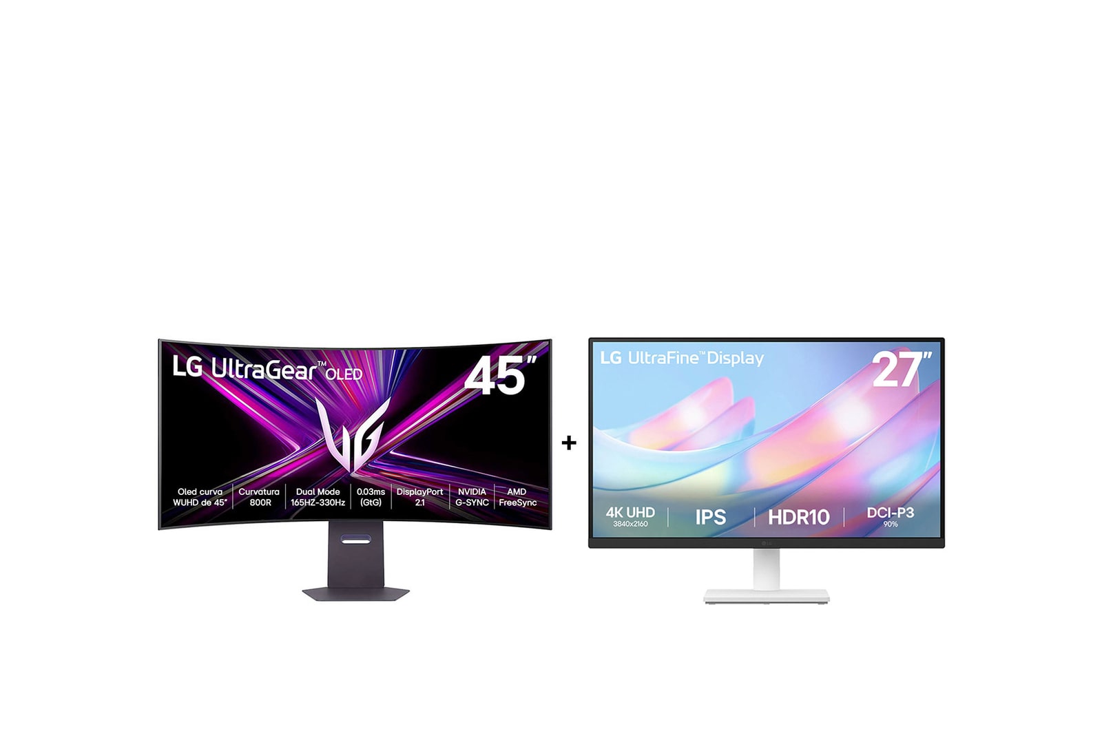 Vista frontal de Monitor LG OLED UltraGear™ 45GX950A 45" + Monitor LG UltraFine™ Tela IPS 4K UHD 27" 45GX950A.27US500