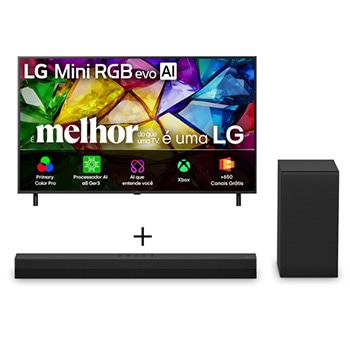 Vista frontal de Smart TV LG Mini RGB evo AI 4K MRGB85 55 polegadas 2026 + Soundbar LG S40T - 300W RMS, 2.1 Canais, Dolby Digital, Sem fios, Bluetooth 5.3, Entrada Óptica, HDMI, AI Sound Pro 55MRGB85.S40T