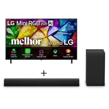 Vista frontal de Smart TV LG Mini RGB evo AI 4K MRGB85 65 polegadas 2026 + Soundbar LG S40T - 300W RMS, 2.1 Canais, Dolby Digital, Sem fios, Bluetooth 5.3, Entrada Óptica, HDMI, AI Sound Pro 65MRGB85.S40T