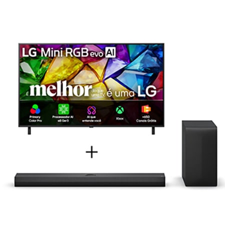 Smart TV LG Mini RGB evo AI 4K MRGB85 75 polegadas 2026 + Soundbar LG S70TY Dolby Atmos com configuração de canais 3.1.1 e 400W RMS - 75MRGB85.S70TY