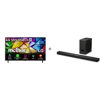 Vista frontal de Smart TV LG Mini RGB evo AI 4K MRGB85 86 polegadas 2026 + Soundbar LG S90TY – 570W RMS, Dolby Atmos, 5.1.3 Canais, DTS:X, AI Room Calibration Pro, AI Sound Pro, Sem fios, WOW Orchestra, Conexões Múltiplas 86MRGB85.S90TY