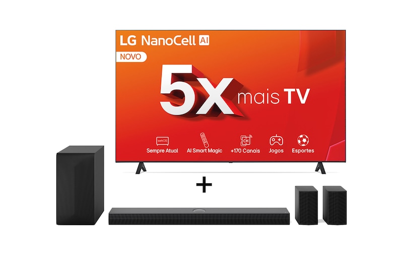 Vista frontal de Combo LG Smart TV NanoCell NANO80 4K de 86" + Home Theater Soundbar S70TR Dolby Atmos, 5.1.1 Canais, Bluetooth 5.1, HDMI 86NANO80TSA.S70TR