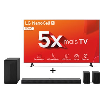 Vista frontal de Combo LG Smart TV NanoCell NANO80 4K de 86" + Home Theater Soundbar S70TR Dolby Atmos, 5.1.1 Canais, Bluetooth 5.1, HDMI 86NANO80TSA.S70TR