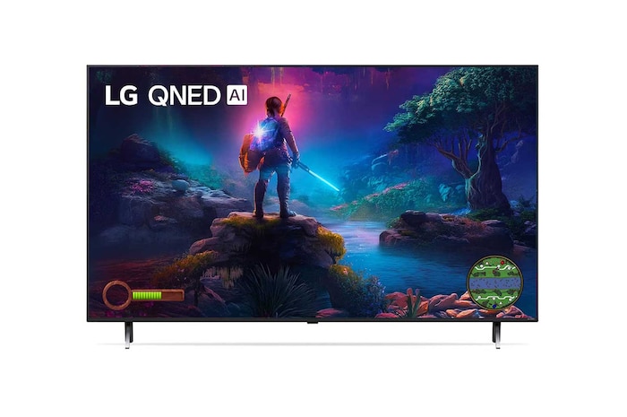 Vista frontal do 86QNED85TSA com texto do LG QNED 4K, 2024 e logotipo do webOS Re:New Program na tela