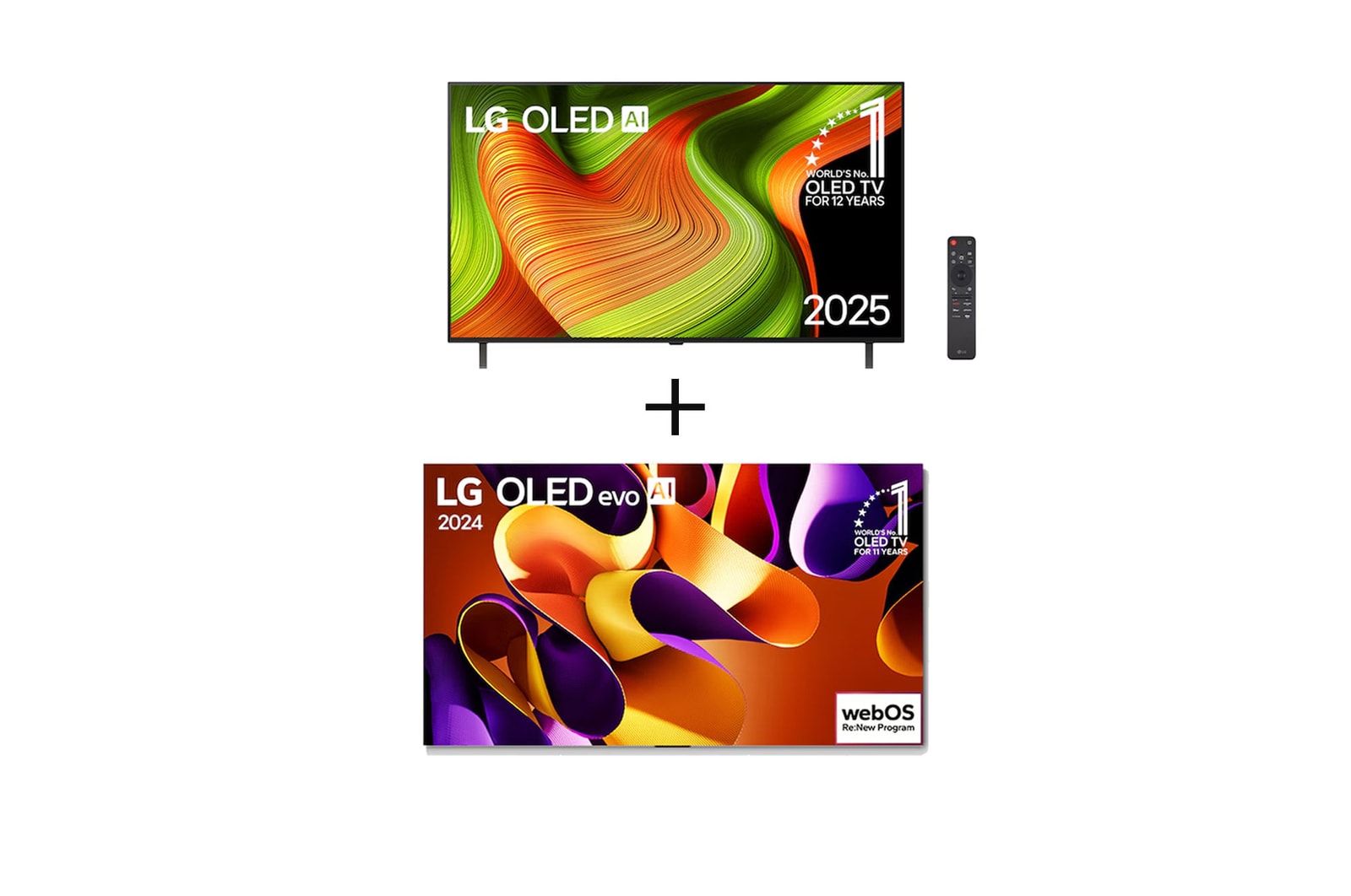 Vista frontal de Smart TV LG OLED AI B5 4K de 65" 2025 + Smart TV LG OLED evo AI G4 4K de 55 polegadas 2024 OLED65B5.55G4