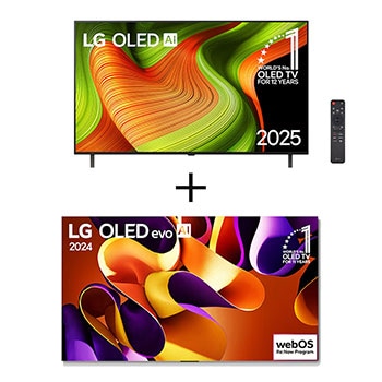 Vista frontal de Smart TV LG OLED AI B5 4K de 65" 2025 + Smart TV LG OLED evo AI G4 4K de 55 polegadas 2024 OLED65B5.55G4