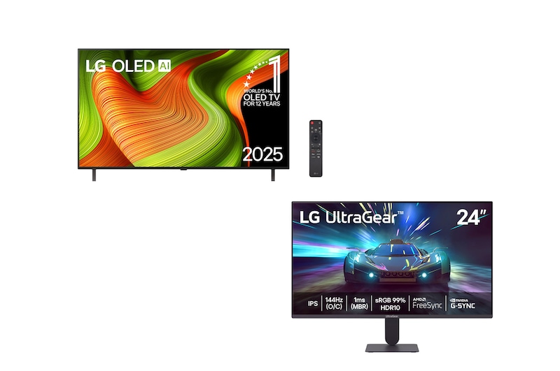 Vista frontal de Combo Smart TV LG OLED evo AI B5 65" 2025 + Monitor LG UltraGear™ 24G411A-B, 144Hz (O/C), Tela IPS FHD 24"    OLED65B5.24G411A