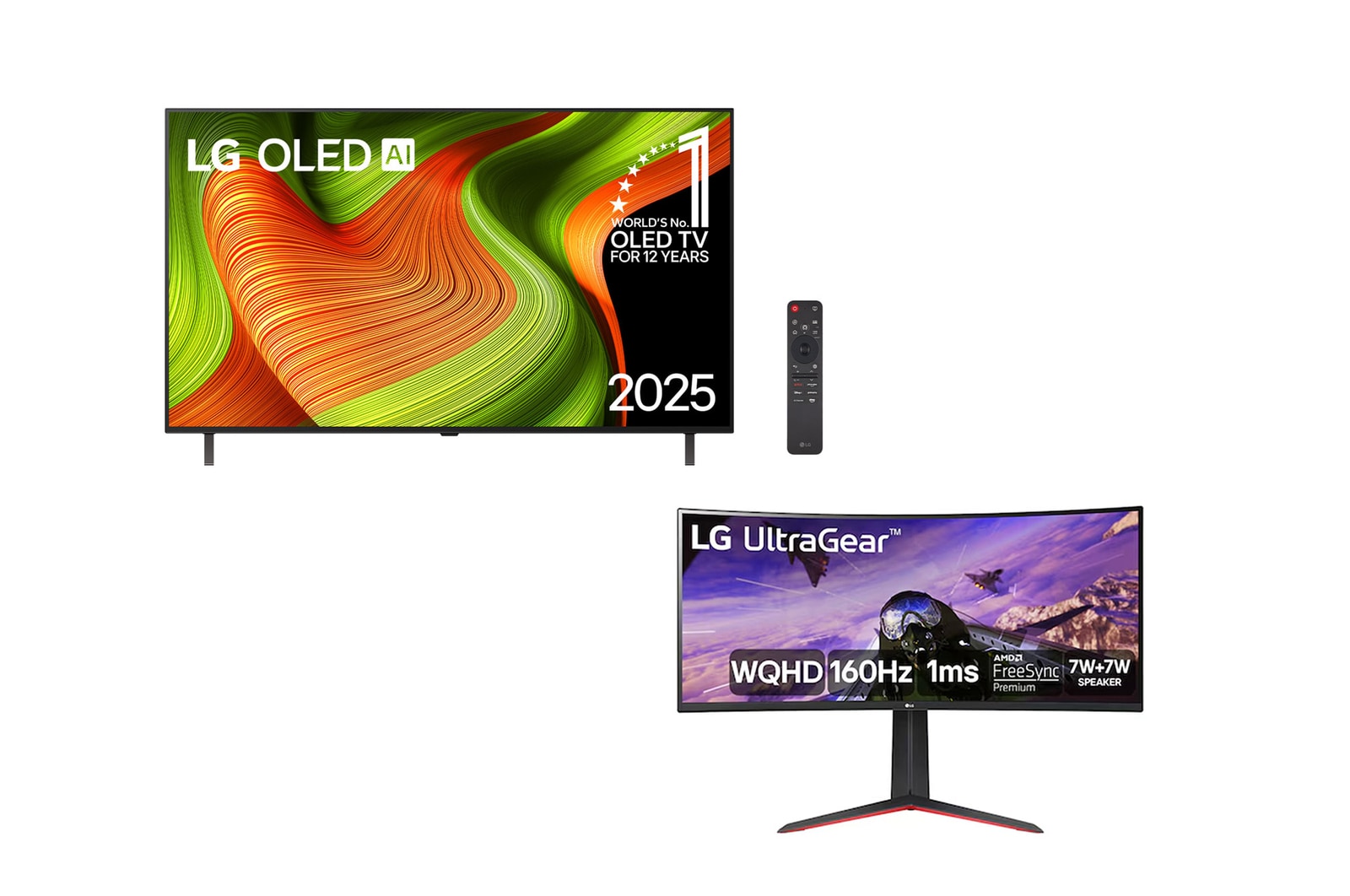 Vista frontal de Combo Smart TV LG OLED evo AI B5 77" 2025 + Monitor Gamer LG UltraGear Curvo 34” WQHD UltraWide OLED77B5.34GP63A
