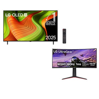 Vista frontal de Combo Smart TV LG OLED evo AI B5 77" 2025 + Monitor Gamer LG UltraGear Curvo 34” WQHD UltraWide OLED77B5.34GP63A