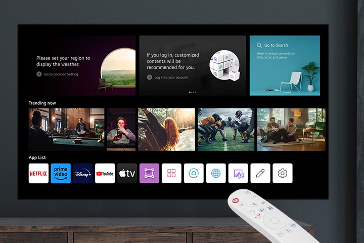Imagem da interface inicial do webOS e do controle remoto.