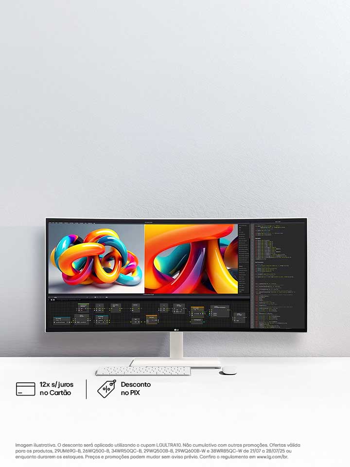 Monitor curvo LG UltraGear OLED con vivaci scie luminose viola e rosa, che promuove uno sconto del 5% per il primo display OLED 5K2K al mondo.