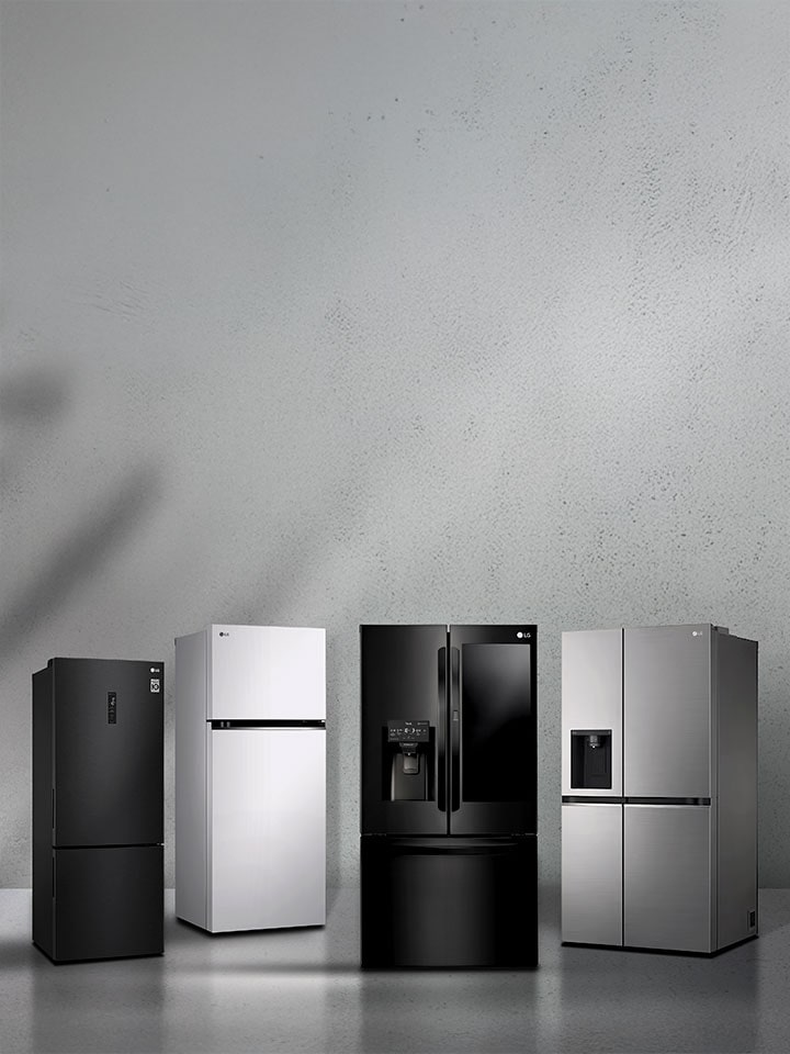 Quatro modelos de geladeiras da LG mostrados lado a lado com ícones indicando configuração, tipo, cor e opções de dispenser.