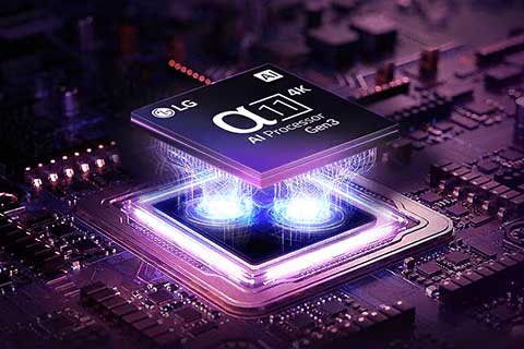 Um processador Alpha 11 AI 4K na parte superior de uma placa-mãe, emitindo raios de luz roxos e rosa.