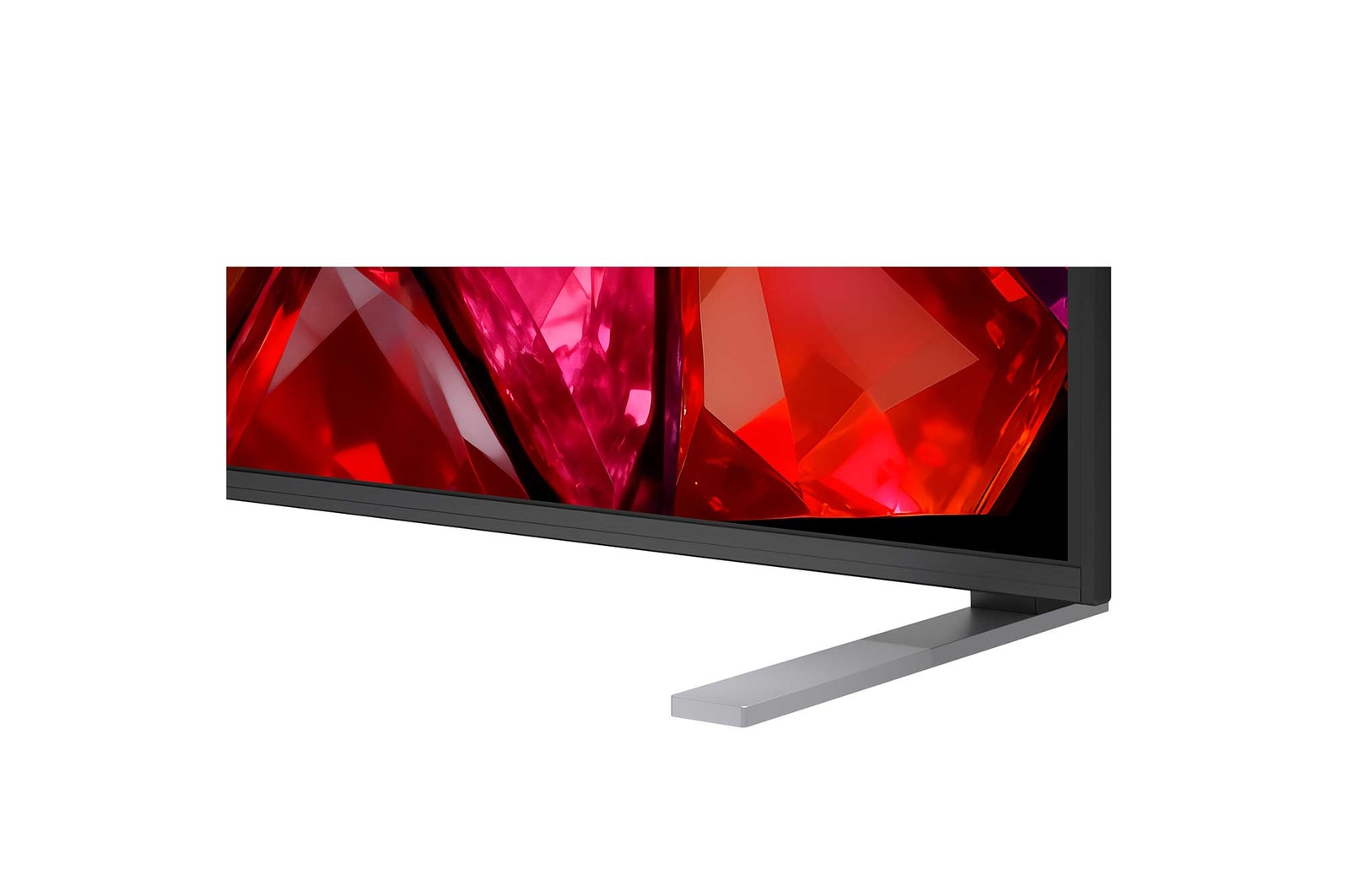 A LG Mini RGB evo AI MRGB85 está instalada na parede de uma sala de estar ampla e contemporânea, exibindo uma obra de arte abstrata vibrante com elementos multicoloridos em espiral.
