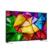 A tecnologia Cores Primárias RGB Pro, utilizada na LG Mini RGB evo AI MRGB85, apresenta uma imagem dividida que compara a cor LED convencional à esquerda com edifícios mais brilhantes e saturados à direita, destacando a cobertura de 100% do espaço de cores DCI-P3 e 100% do Adobe RGB.