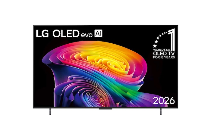 A vista frontal da LG OLED evo AI C6, lançada em 2026, apresenta uma moldura preta fina, com uma imagem vívida e escultural de formas multicoloridas e ricamente sobrepostas que preenchem a tela.