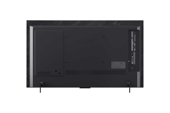 A LG OLED evo AI C6, mostrada em vistas frontal e lateral, destaca-se por sua tela de 42 polegadas com 932 mm de largura, 540 mm de altura total e uma espessura ultrafina de 41,1 mm sem o suporte.