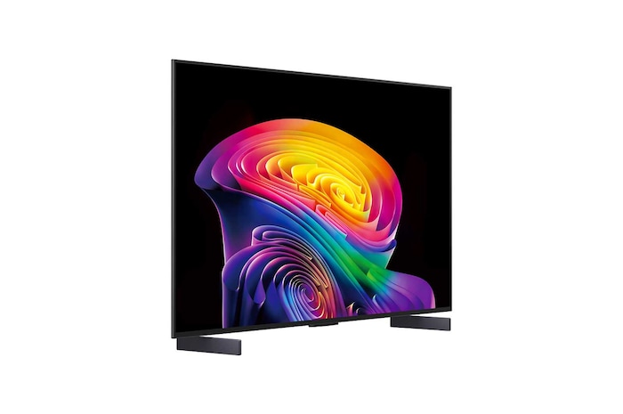 O Processador AI Alpha 11 Ger3 da TV LG OLED evo C6 AI brilha em luz roxa e azul sobre uma placa de circuito escura, destacando o Dual AI e oferecendo desempenho de NPU até 5,6 vezes mais rápido, CPU 50% mais rápido e GPU 70% mais potente.