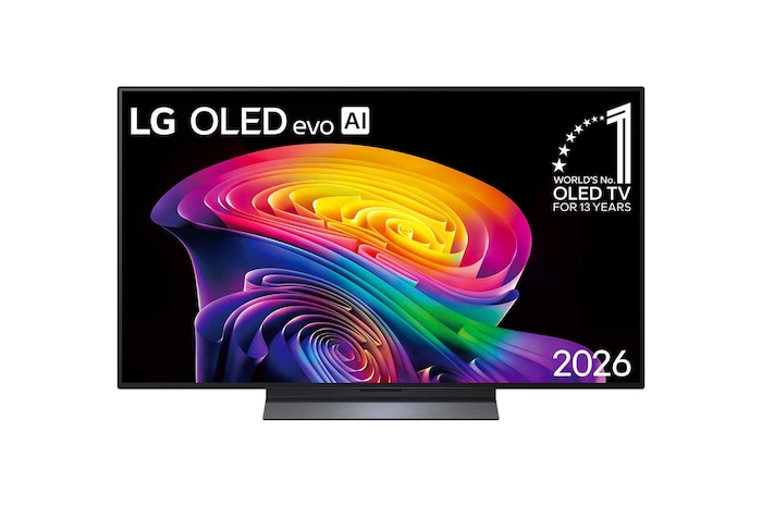 A vista frontal da LG OLED evo AI C6, lançada em 2026, apresenta uma moldura preta fina, com uma imagem vívida e escultural de formas multicoloridas e ricamente sobrepostas que preenchem a tela.