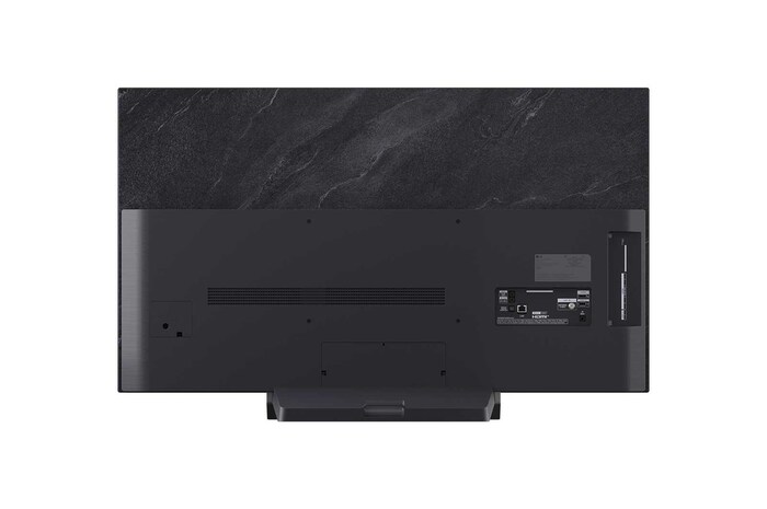 A LG OLED evo AI C6, mostrada em vistas frontal e lateral, destaca-se por sua tela de 48 polegadas com 1071 mm de largura, 620 mm de altura total e uma espessura ultrafina de 46,9 mm sem o suporte.