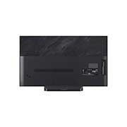 A LG OLED evo AI C6, mostrada em vistas frontal e lateral, destaca-se por sua tela de 48 polegadas com 1071 mm de largura, 620 mm de altura total e uma espessura ultrafina de 46,9 mm sem o suporte.