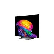 O Processador AI Alpha 11 Ger3 da TV LG OLED evo C6 AI brilha em luz roxa e azul sobre uma placa de circuito escura, destacando o Dual AI  e oferecendo desempenho de NPU até 5,6 vezes mais rápido, CPU 50% mais rápido e GPU 70% mais potente.