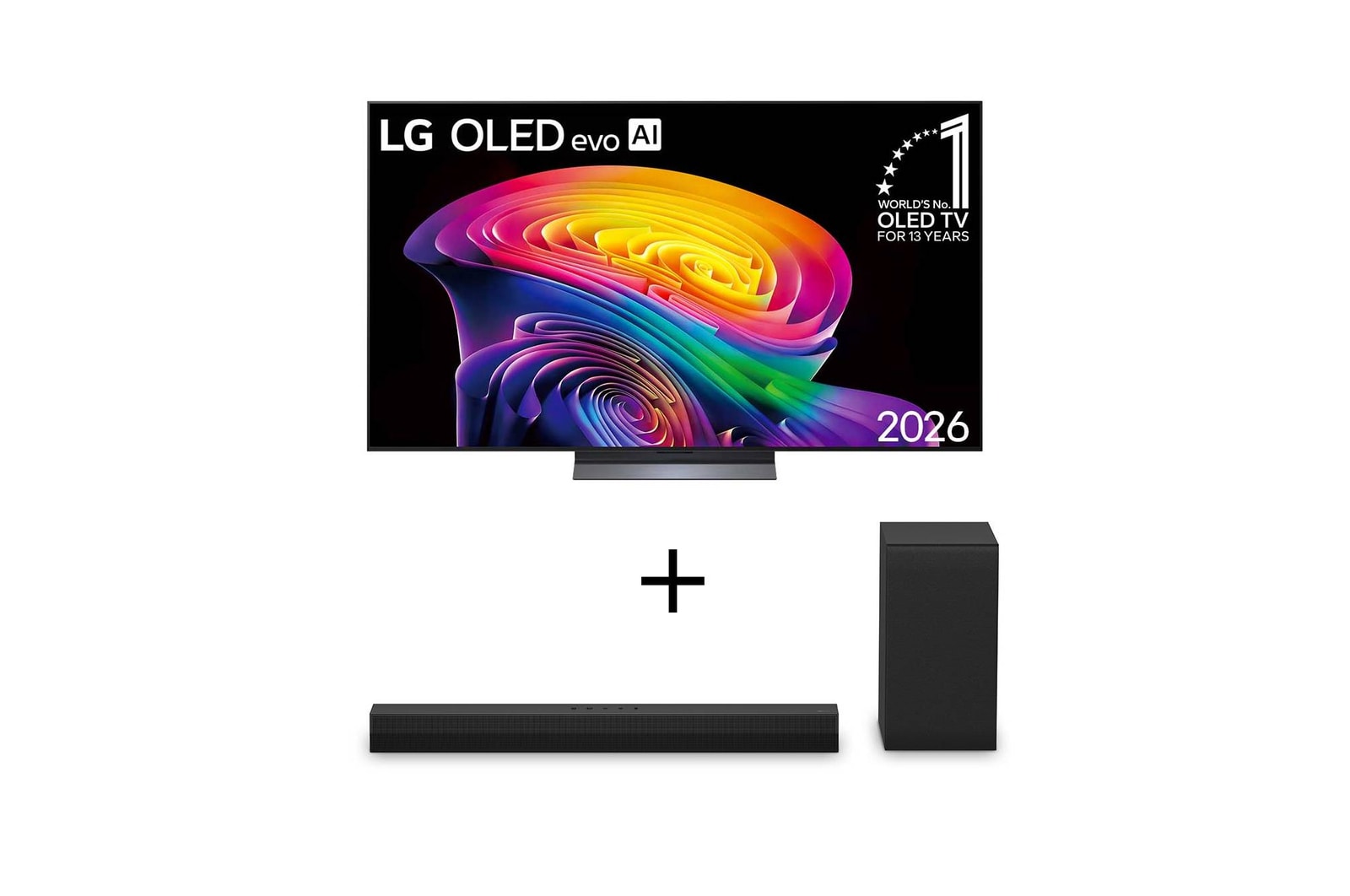 Vista frontal de Smart TV LG OLED evo AI 4K C6 55 polegadas 2026+Soundbar LG S40T - 300W RMS, 2.1 Canais, Dolby Digital, Sem fios, Bluetooth 5.3, Entrada Óptica, HDMI, AI Sound Pro OLED55C6.S40T