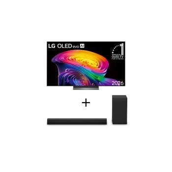 Vista frontal de Smart TV LG OLED evo AI 4K C6 55 polegadas 2026+Soundbar LG S40T - 300W RMS, 2.1 Canais, Dolby Digital, Sem fios, Bluetooth 5.3, Entrada Óptica, HDMI, AI Sound Pro OLED55C6.S40T