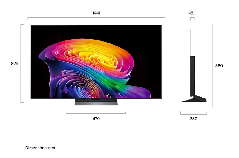 A LG OLED evo AI C6 está instalada na parede de uma sala de estar elegante, apresentando um design ultrafino com bordas estreitas, e exibe na tela uma paisagem urbana à beira do rio ao pôr do sol.