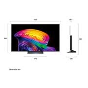 A LG OLED evo AI C6 está instalada na parede de uma sala de estar elegante, apresentando um design ultrafino com bordas estreitas, e exibe na tela uma paisagem urbana à beira do rio ao pôr do sol.