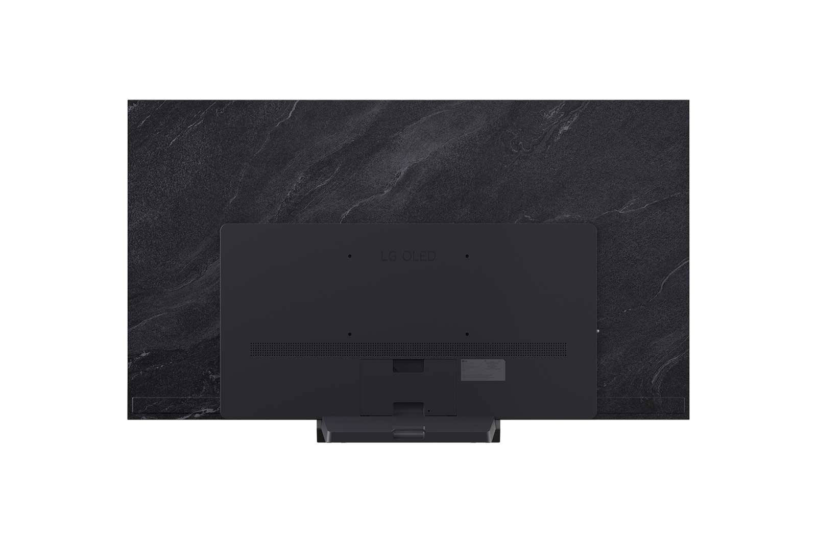 A LG OLED evo AI C6, mostrada em vistas frontal e lateral, destaca-se por sua tela de 65 polegadas com 1441 mm de largura, 826 mm de altura e uma espessura ultrafina de 45,1 mm sem o suporte.