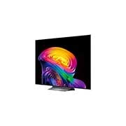 O Processador AI Alpha 11 Ger3 da TV LG OLED evo C6 AI brilha em luz roxa e azul sobre uma placa de circuito escura, destacando o Dual AI  e oferecendo desempenho de NPU até 5,6 vezes mais rápido, CPU 50% mais rápido e GPU 70% mais potente.