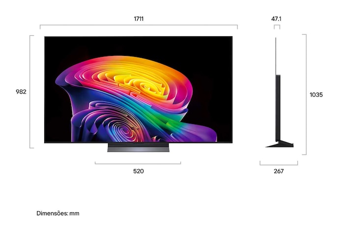 A LG OLED evo AI C6 está instalada na parede de uma sala de estar elegante, apresentando um design ultrafino com bordas estreitas, e exibe na tela uma paisagem urbana à beira do rio ao pôr do sol.