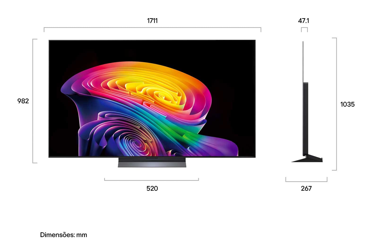 A LG OLED evo AI C6 está instalada na parede de uma sala de estar elegante, apresentando um design ultrafino com bordas estreitas, e exibe na tela uma paisagem urbana à beira do rio ao pôr do sol.